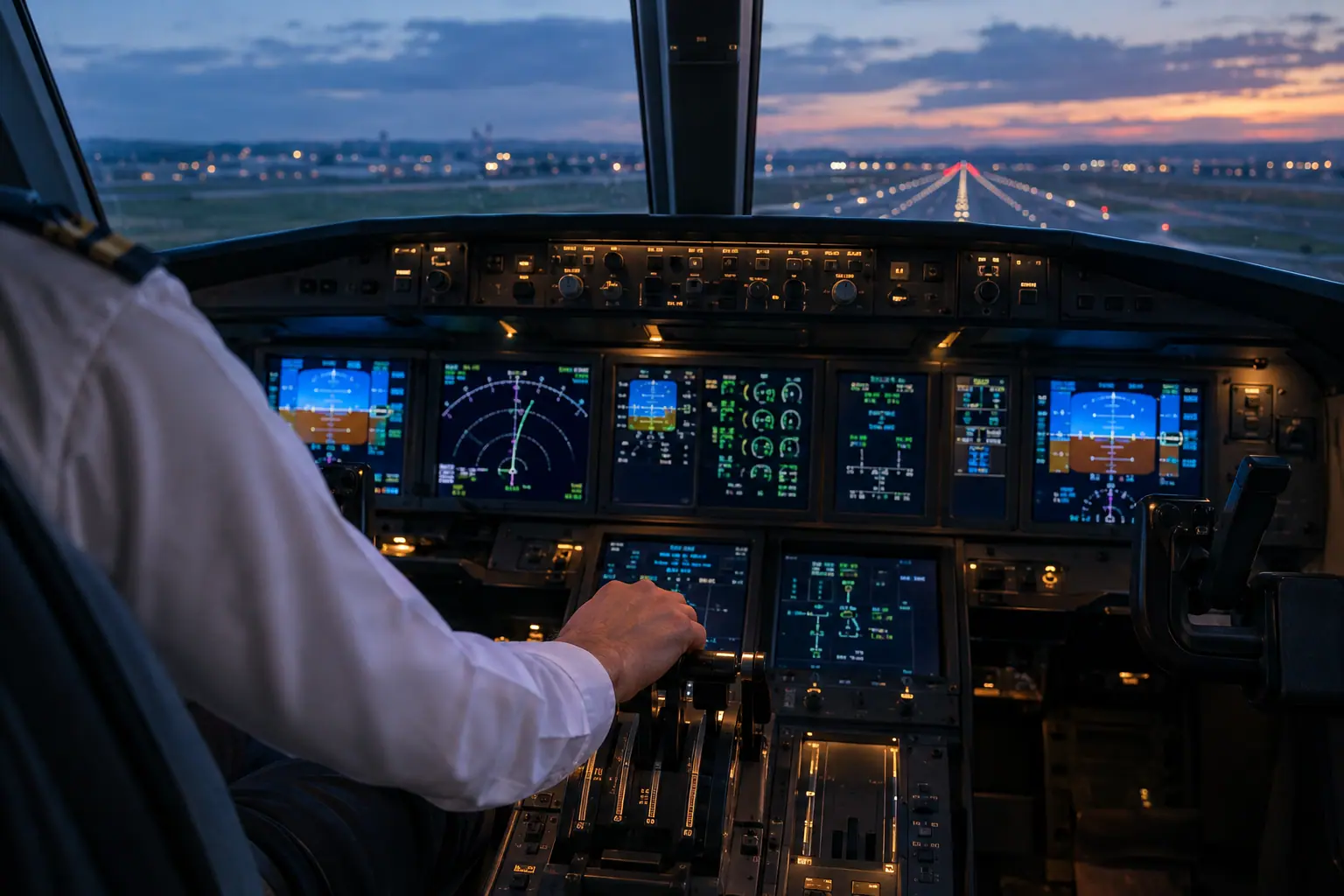 Business jet cockpit before departure